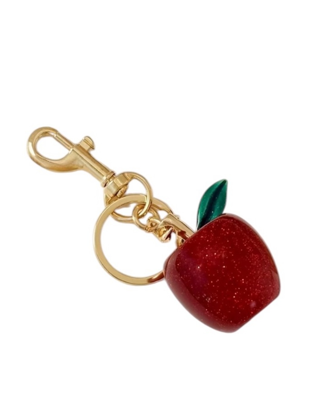 Glitter Red Apple Bag Charm with Green Leaf Keychain